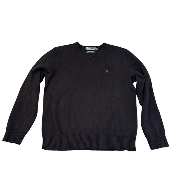 Polo Ralph Lauren Men 100% Lambs Wool L Black V Neck Sweater Logo Preppy Classic - Picture 3 of 12